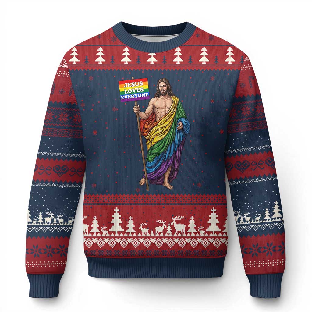Christian LGBTQ Support Ugly Christmas Sweater Jesus Loves Everyone TS12 Navy Red Print Your Wear