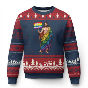 Christian LGBTQ Support Ugly Christmas Sweater Jesus Loves Everyone TS12 Navy Red Print Your Wear