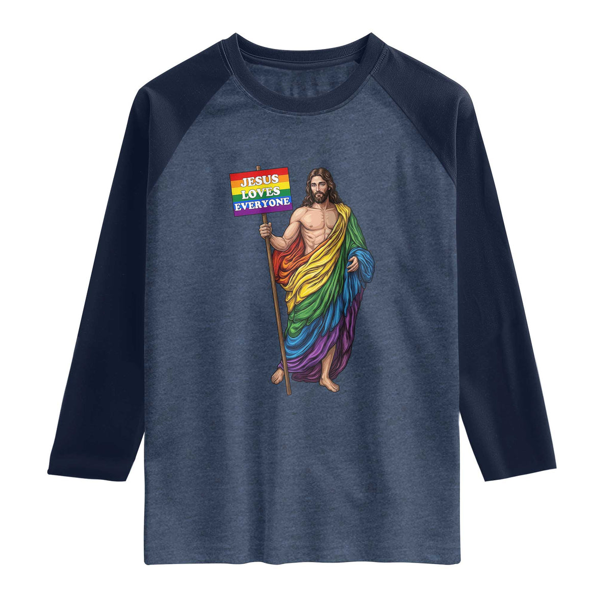 Christian LGBTQ Support Raglan Shirt Jesus Loves Everyone TS12 Heather Denim Navy Print Your Wear