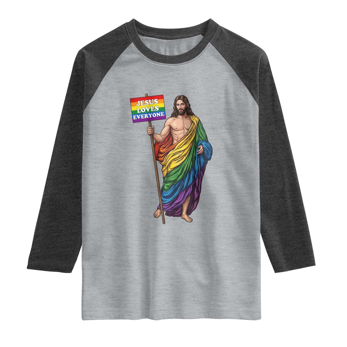 Christian LGBTQ Support Raglan Shirt Jesus Loves Everyone TS12 Heather Gray Heather Charcoal Print Your Wear