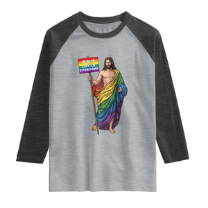 Christian LGBTQ Support Raglan Shirt Jesus Loves Everyone TS12 Heather Gray Heather Charcoal Print Your Wear