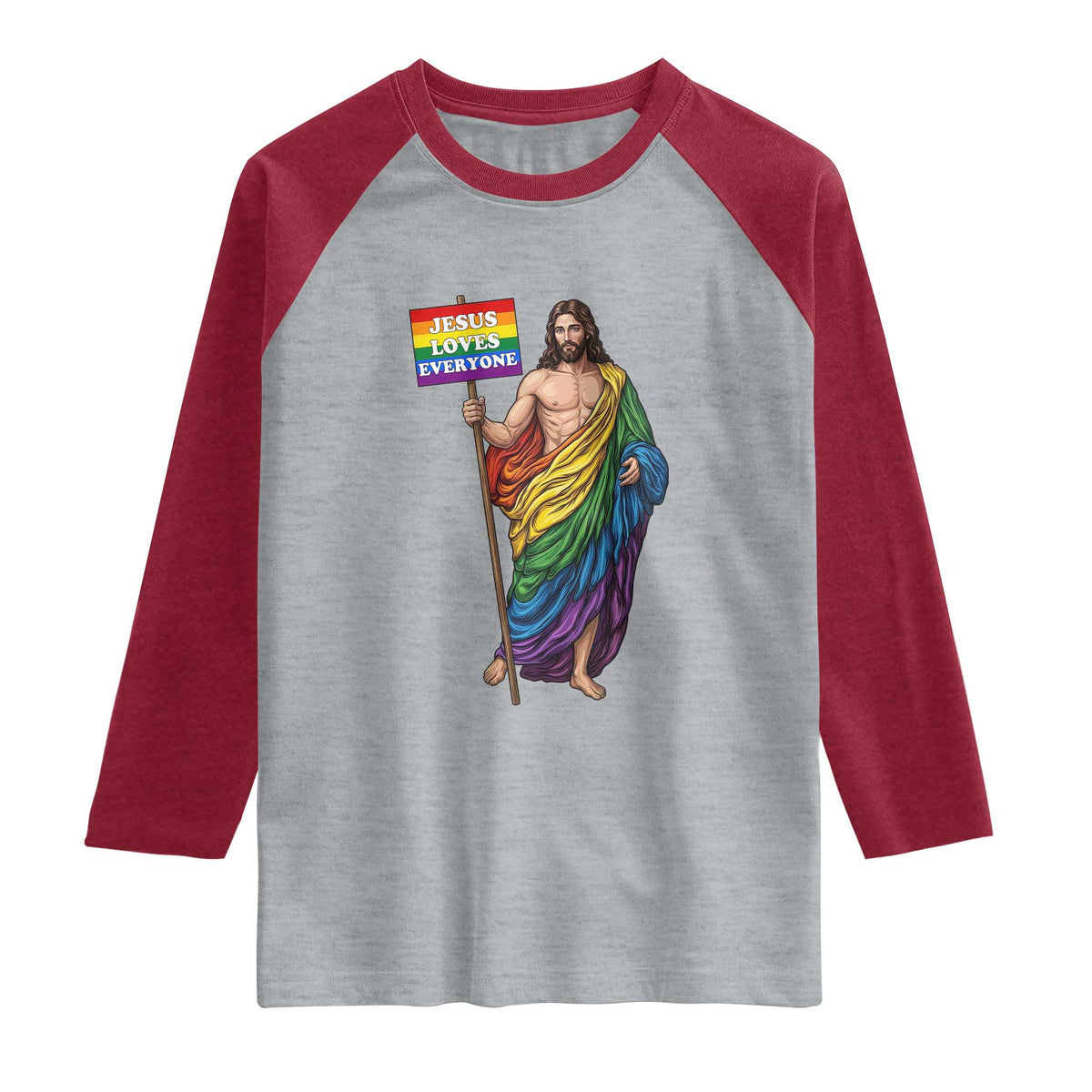 Christian LGBTQ Support Raglan Shirt Jesus Loves Everyone TS12 Heather Gray Heather Red Print Your Wear