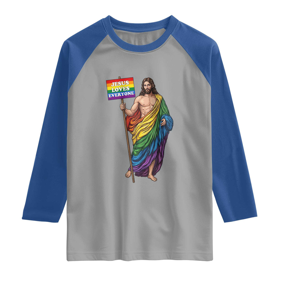 Christian LGBTQ Support Raglan Shirt Jesus Loves Everyone TS12 Sport Gray Royal Print Your Wear