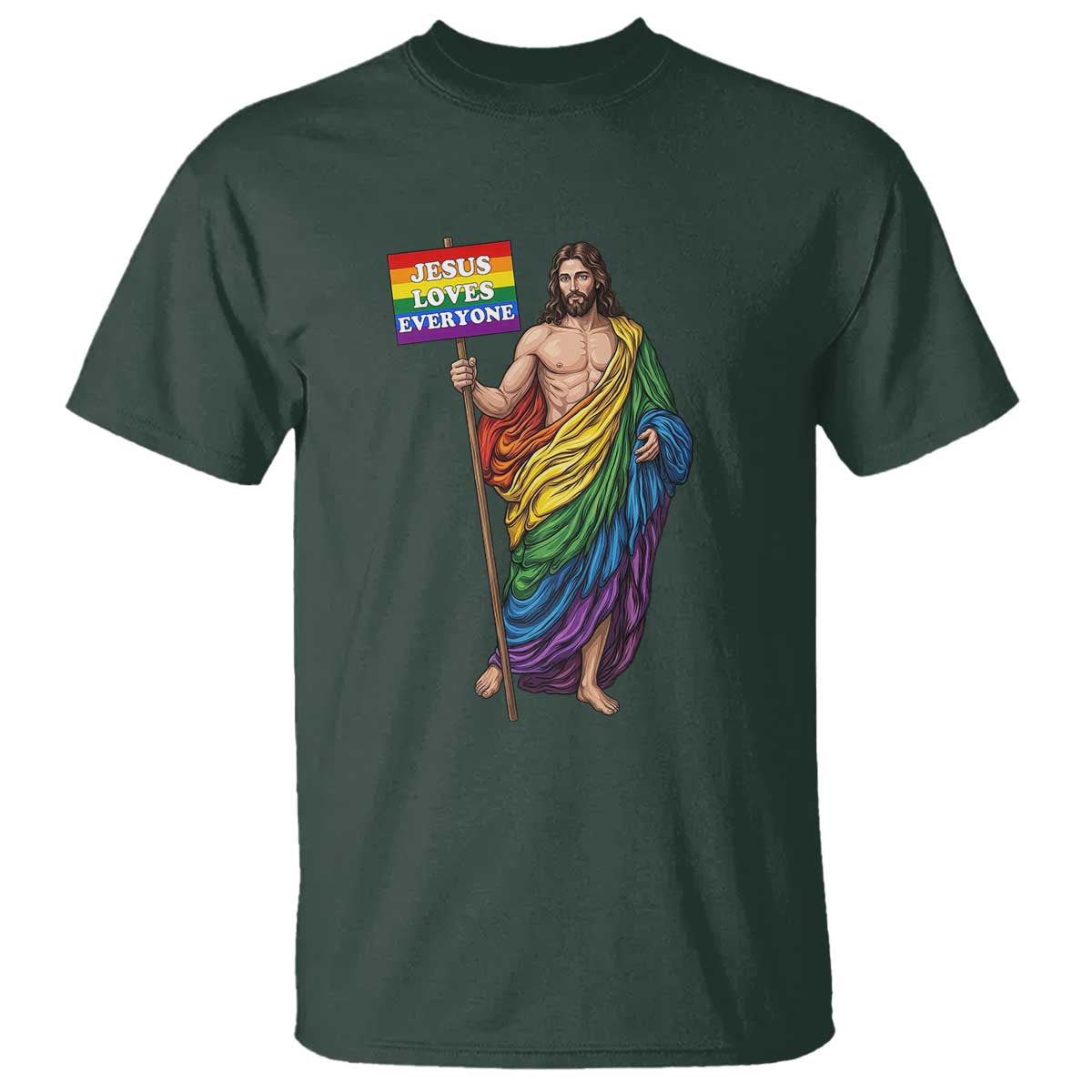 Christian LGBTQ Support T Shirt Jesus Loves Everyone TS12 Dark Forest Green Print Your Wear