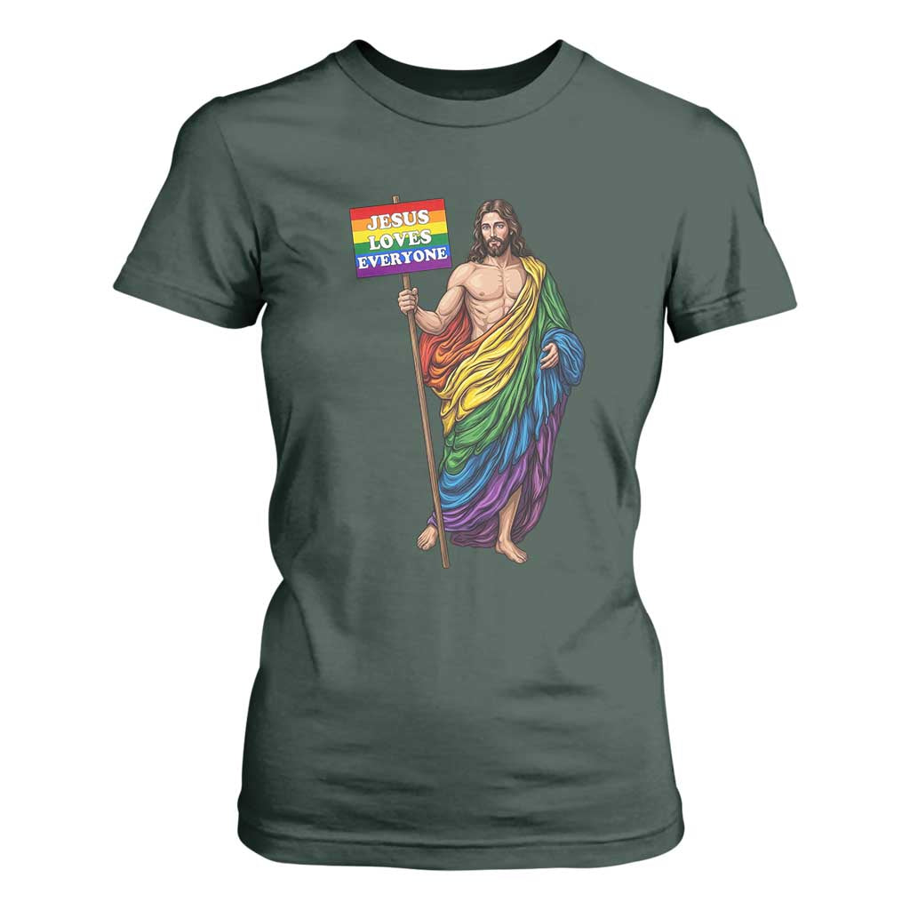 Christian LGBTQ Support T Shirt For Women Jesus Loves Everyone TS12 Dark Forest Green Print Your Wear