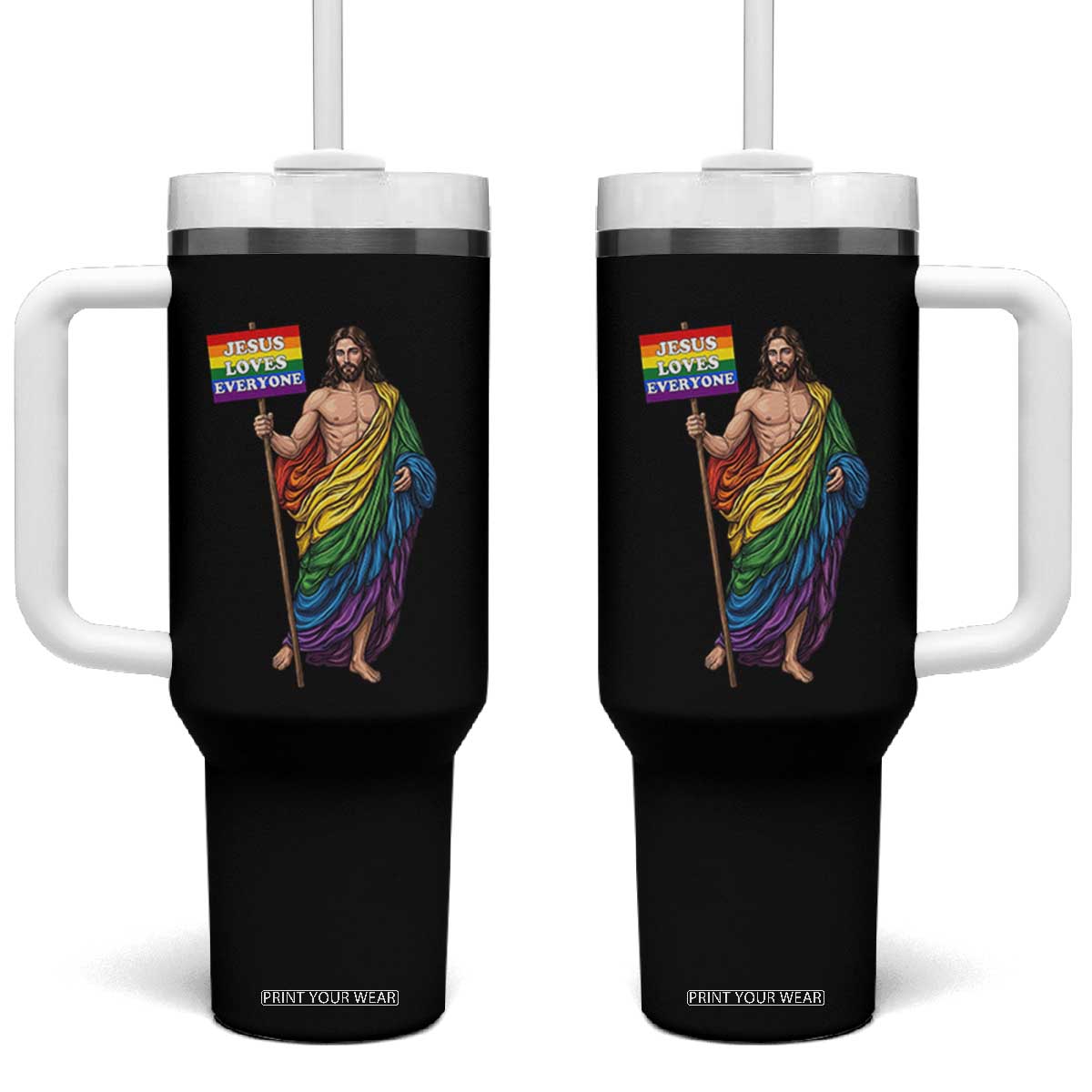 Christian LGBTQ Support Tumbler With Handle Jesus Loves Everyone TS12 One Size: 40 oz Black Print Your Wear