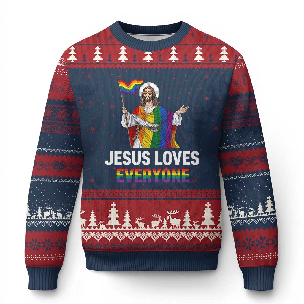 Funny Rainbow Jesus Loves Everyone Ugly Christmas Sweater Religious LGBTQ Support TS12 Navy Red Print Your Wear