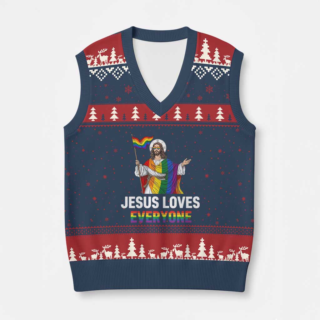 Funny Rainbow Jesus Loves Everyone V-Neck Knit Sweater Vest Religious LGBTQ Support TS12 Navy Red Print Your Wear