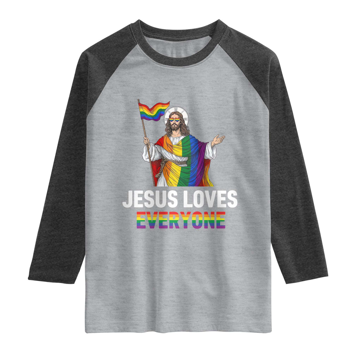 Funny Rainbow Jesus Loves Everyone Raglan Shirt Religious LGBTQ Support TS12 Heather Gray Heather Charcoal Print Your Wear