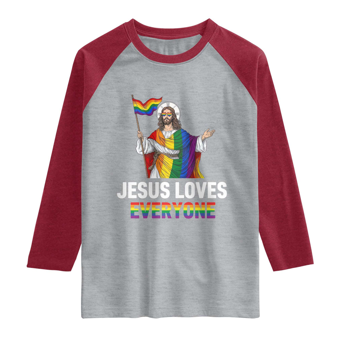 Funny Rainbow Jesus Loves Everyone Raglan Shirt Religious LGBTQ Support TS12 Heather Gray Heather Red Print Your Wear