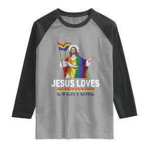 Funny Rainbow Jesus Loves Everyone Raglan Shirt Religious LGBTQ Support TS12 Sport Gray Black Print Your Wear