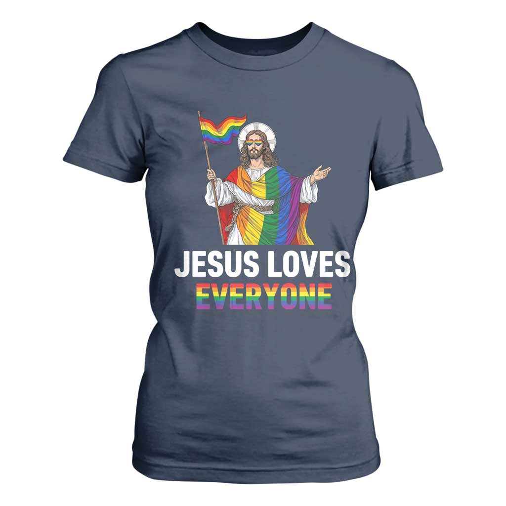Funny Rainbow Jesus Loves Everyone T Shirt For Women Religious LGBTQ Support TS12 Navy Print Your Wear