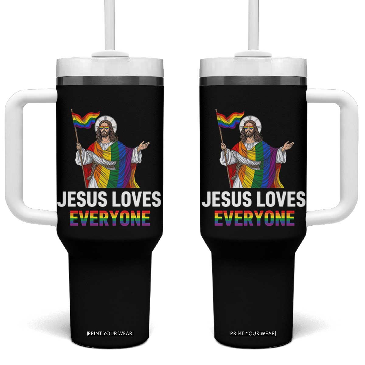 Funny Rainbow Jesus Loves Everyone Tumbler With Handle Religious LGBTQ Support TS12 One Size: 40 oz Black Print Your Wear