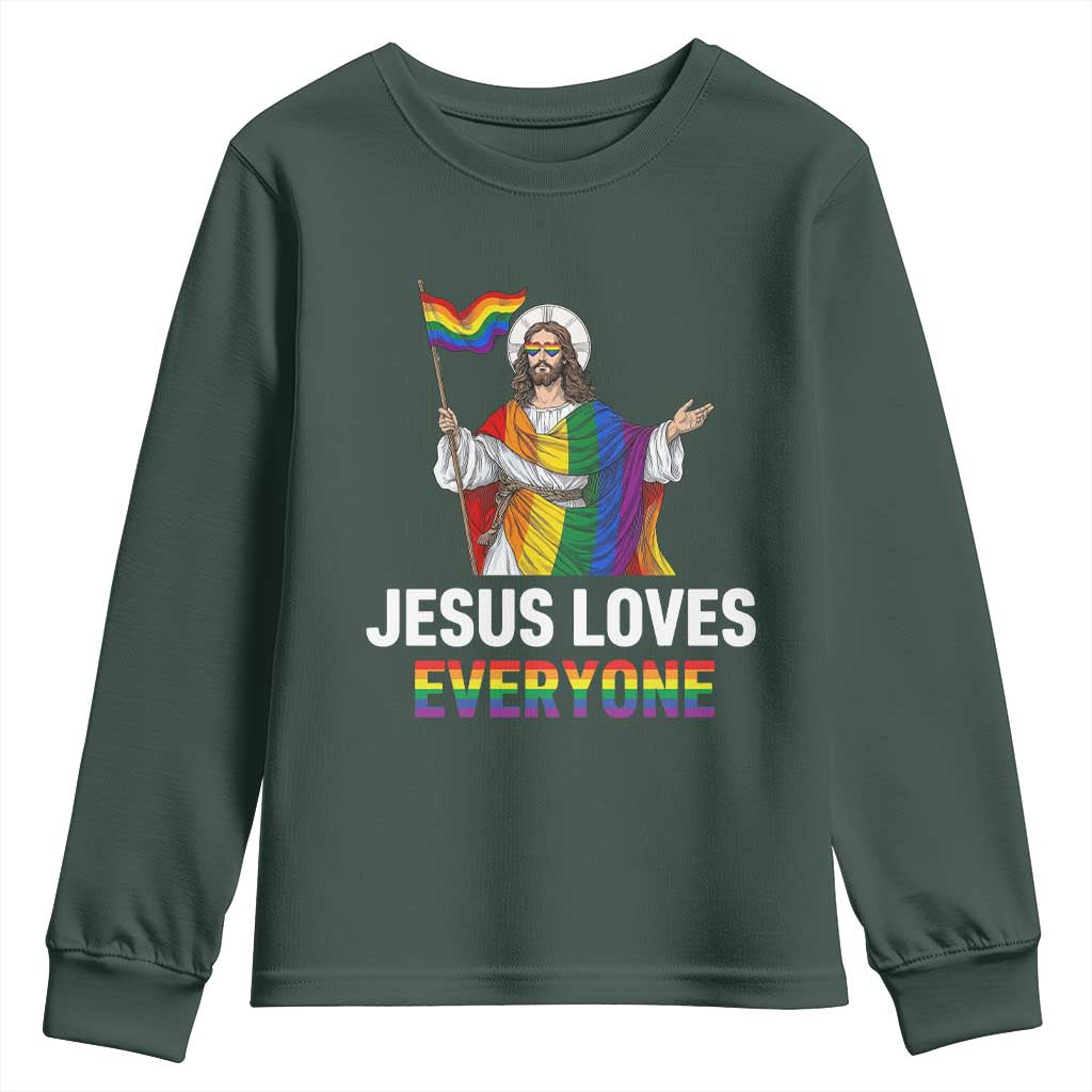 Funny Rainbow Jesus Loves Everyone Youth Sweatshirt Religious LGBTQ Support TS12 Dark Forest Green Print Your Wear