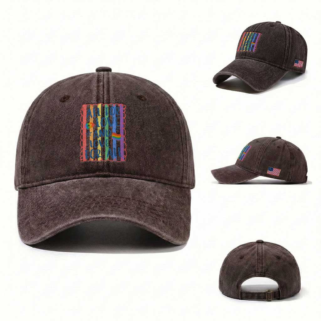 All For Love And Love For All Washed Cotton Baseball Cap Pride Month LGBT Support TS12 Washed Cap Universal Fit Dark Brown Print Your Wear