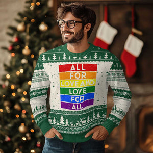 Vintage All For Love And Love For All Ugly Christmas Sweater Pride Month Rainbow Graphic