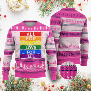 Vintage All For Love And Love For All Ugly Christmas Sweater Pride Month Rainbow Graphic
