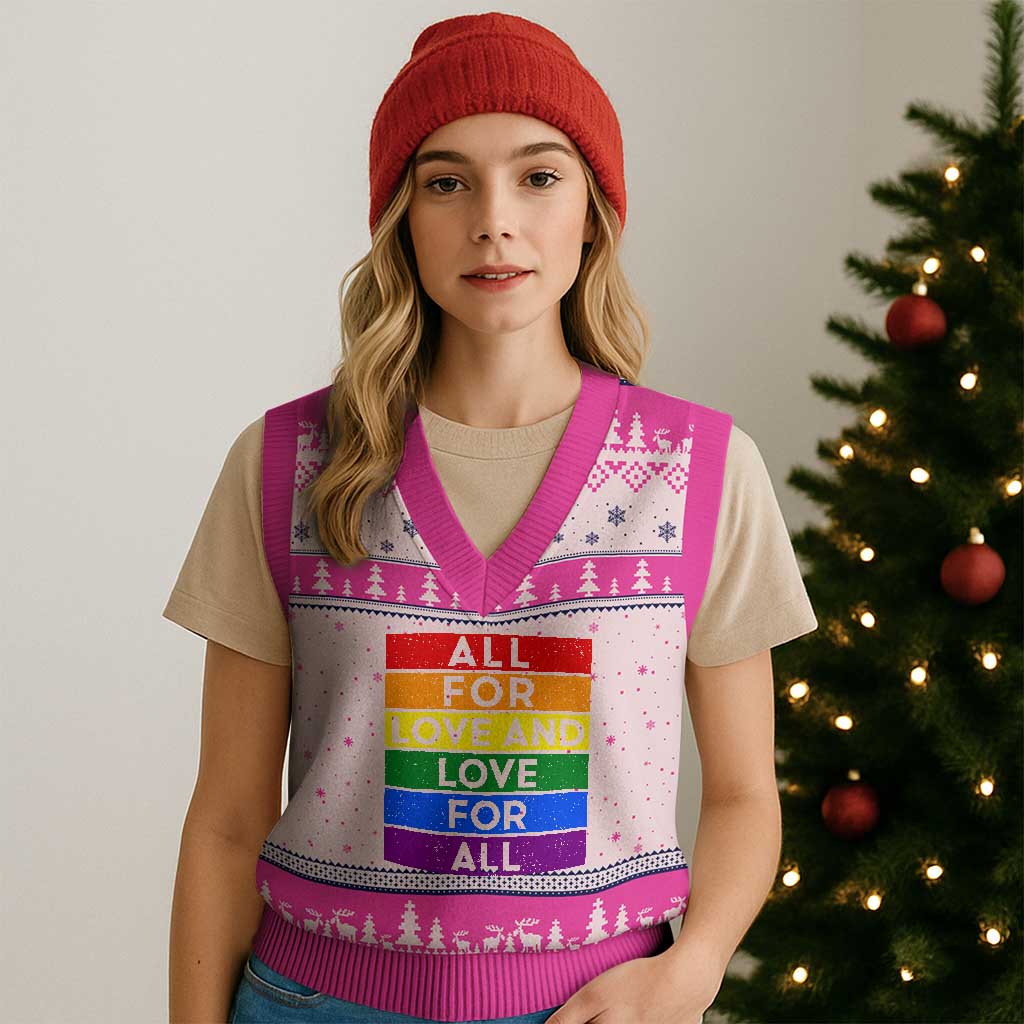 Vintage All For Love And Love For All V-Neck Knit Sweater Vest Pride Month Rainbow Graphic TS12 Hot Pink Print Your Wear