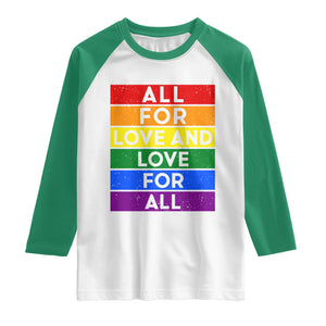 Vintage All For Love And Love For All Raglan Shirt Pride Month Rainbow Graphic TS12 White Kelly Green Print Your Wear