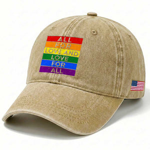 Vintage All For Love And Love For All Washed Cotton Baseball Cap Pride Month Rainbow Graphic TS12 Print Your Wear