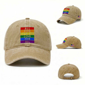 Vintage All For Love And Love For All Washed Cotton Baseball Cap Pride Month Rainbow Graphic TS12 Washed Cap Universal Fit Khaki Print Your Wear