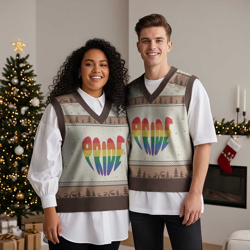 Rainbow Heart Pride V-Neck Knit Sweater Vest LGBTQ Support Graphic TS12 Mocha Mousse Print Your Wear