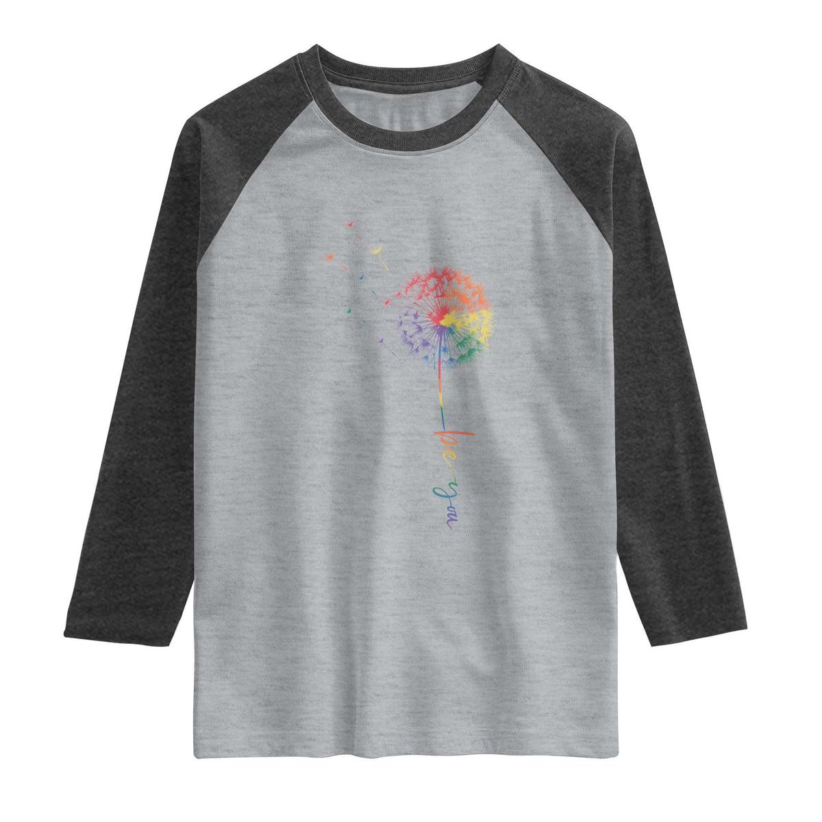 Be You LGBT Rainbow Dandelion Raglan Shirt Pride Month Support TS12 Heather Gray Heather Charcoal Print Your Wear