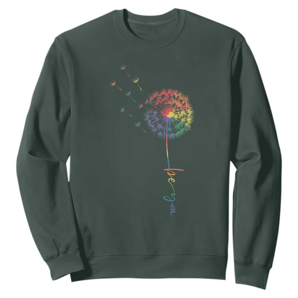 Be You LGBT Rainbow Dandelion Sweatshirt Pride Month Support TS12 Dark Forest Green Print Your Wear