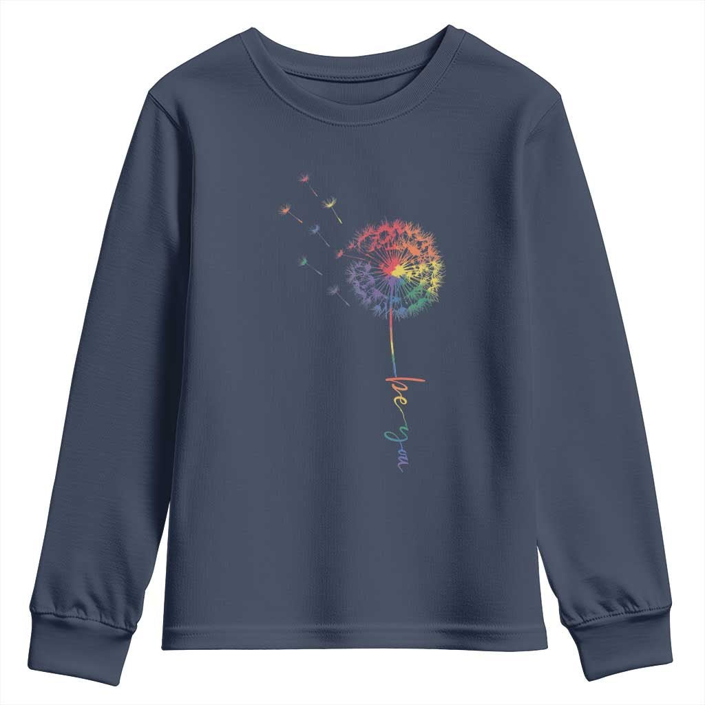 Be You LGBT Rainbow Dandelion Youth Sweatshirt Pride Month Support TS12 Navy Print Your Wear