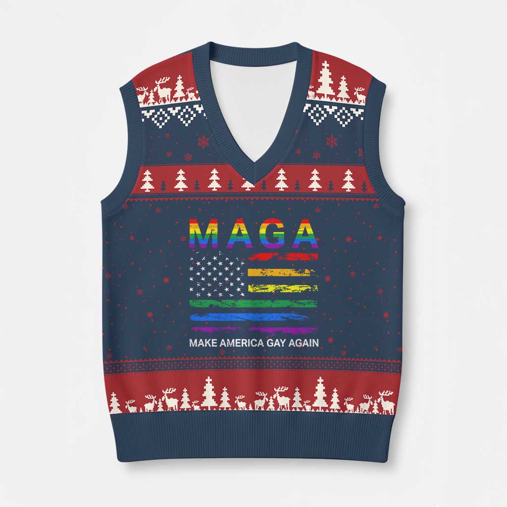 Make America Gay Again LGBTQ Pride V-Neck Knit Sweater Vest Funny Political Pride Graphic TS12 Navy Red Print Your Wear