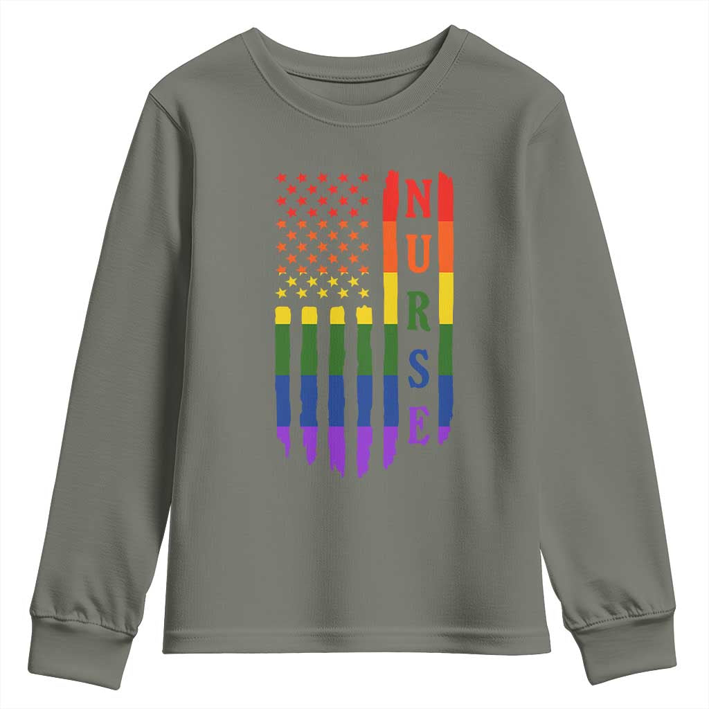 Rainbow RN Ally Pride Month Youth Sweatshirt LGBTQ Healthcare Worker TS12 Military Green Print Your Wear
