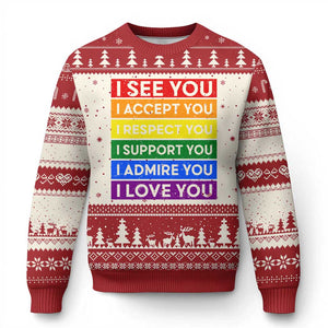 I See Accept Respect Support Admire Love You Ugly Christmas Sweater LGBT Ally Pride Graphic TS12 Beige Red Print Your Wear