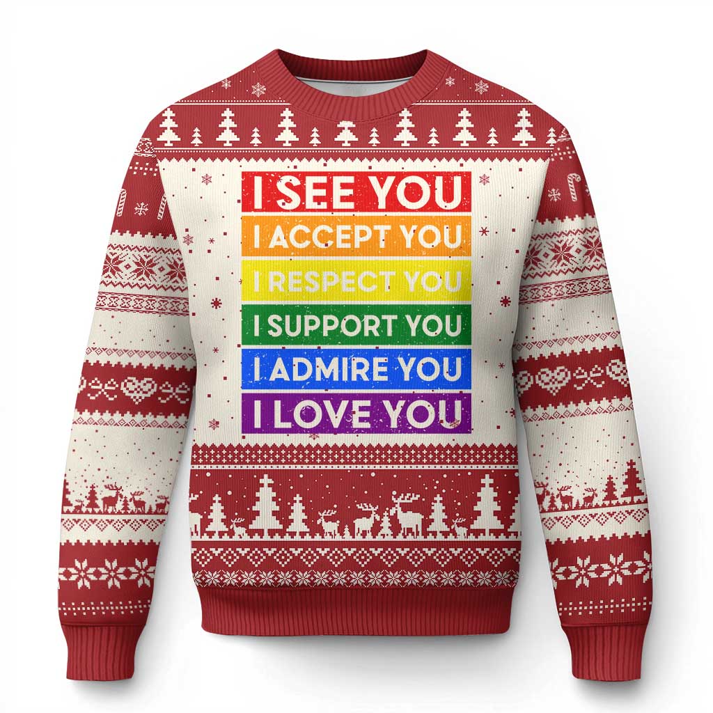 I See Accept Respect Support Admire Love You Ugly Christmas Sweater LGBT Ally Pride Graphic TS12 Beige Red Print Your Wear