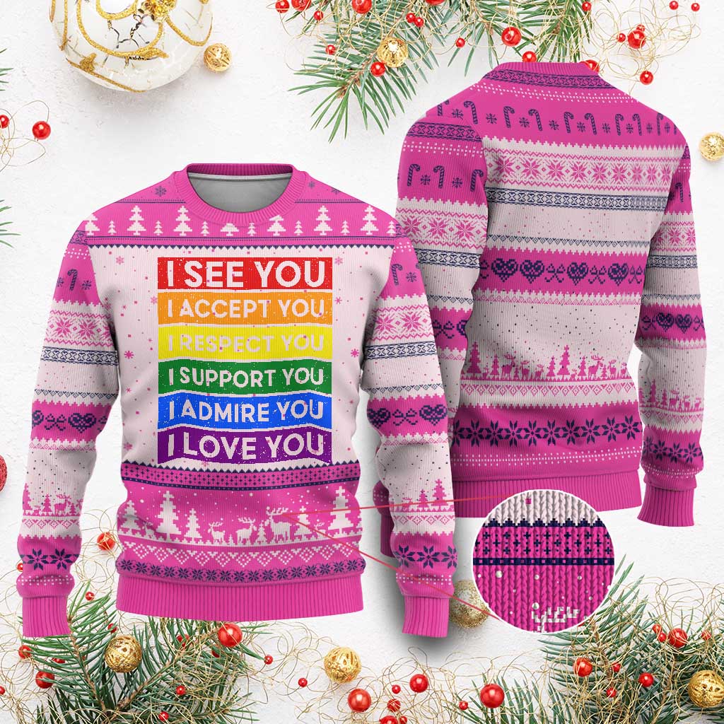 I See Accept Respect Support Admire Love You Ugly Christmas Sweater LGBT Ally Pride Graphic TS12 Hot Pink Print Your Wear