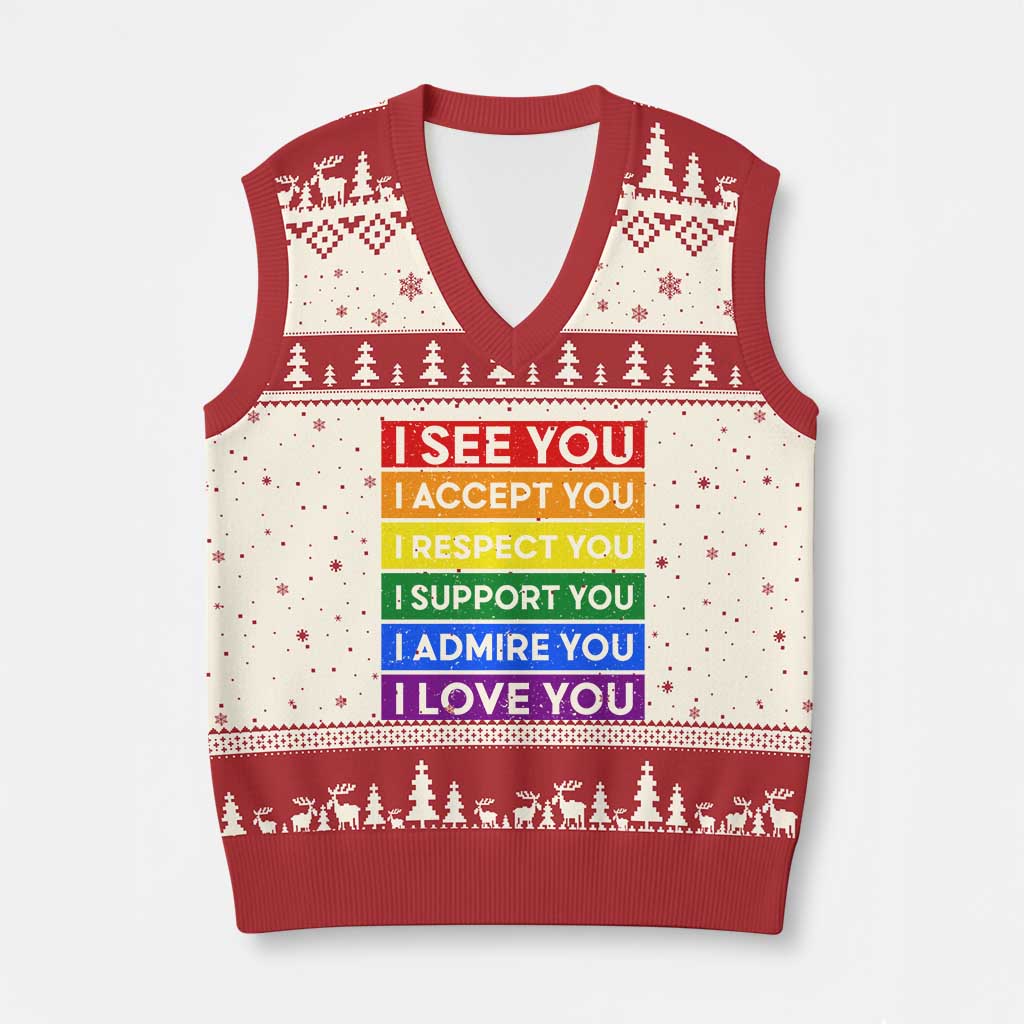 I See Accept Respect Support Admire Love You V-Neck Knit Sweater Vest LGBT Ally Pride Graphic