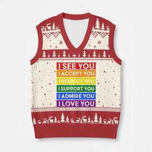 I See Accept Respect Support Admire Love You V-Neck Knit Sweater Vest LGBT Ally Pride Graphic