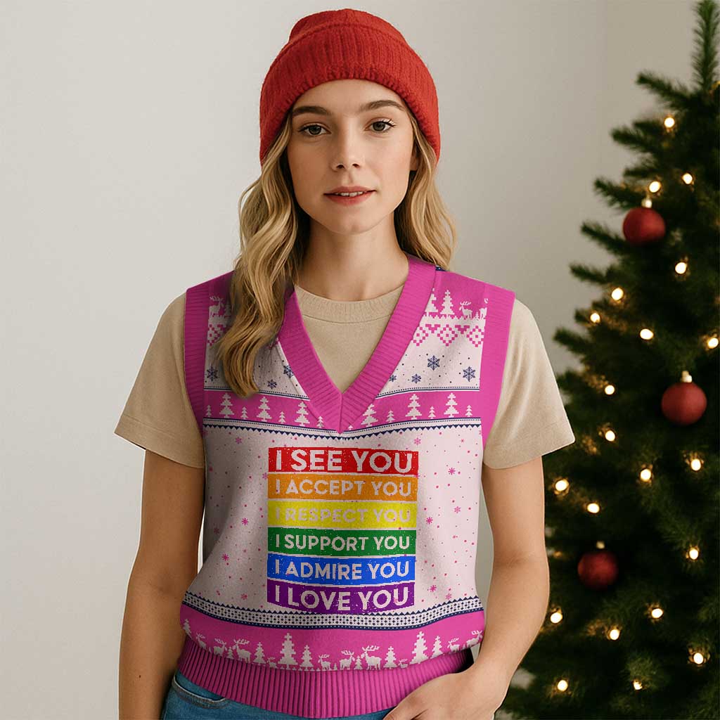 I See Accept Respect Support Admire Love You V-Neck Knit Sweater Vest LGBT Ally Pride Graphic