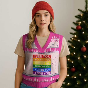 I See Accept Respect Support Admire Love You V-Neck Knit Sweater Vest LGBT Ally Pride Graphic