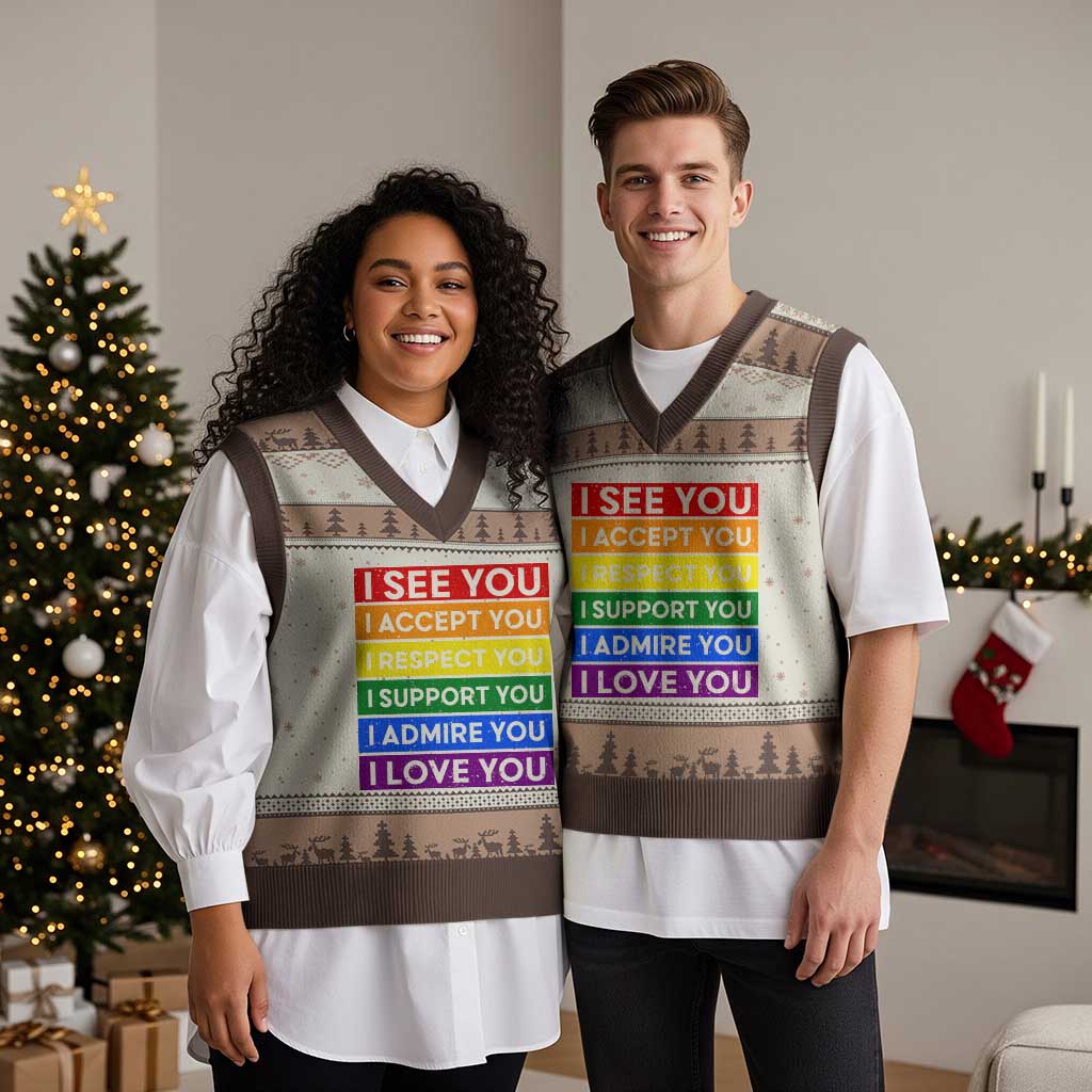 I See Accept Respect Support Admire Love You V-Neck Knit Sweater Vest LGBT Ally Pride Graphic