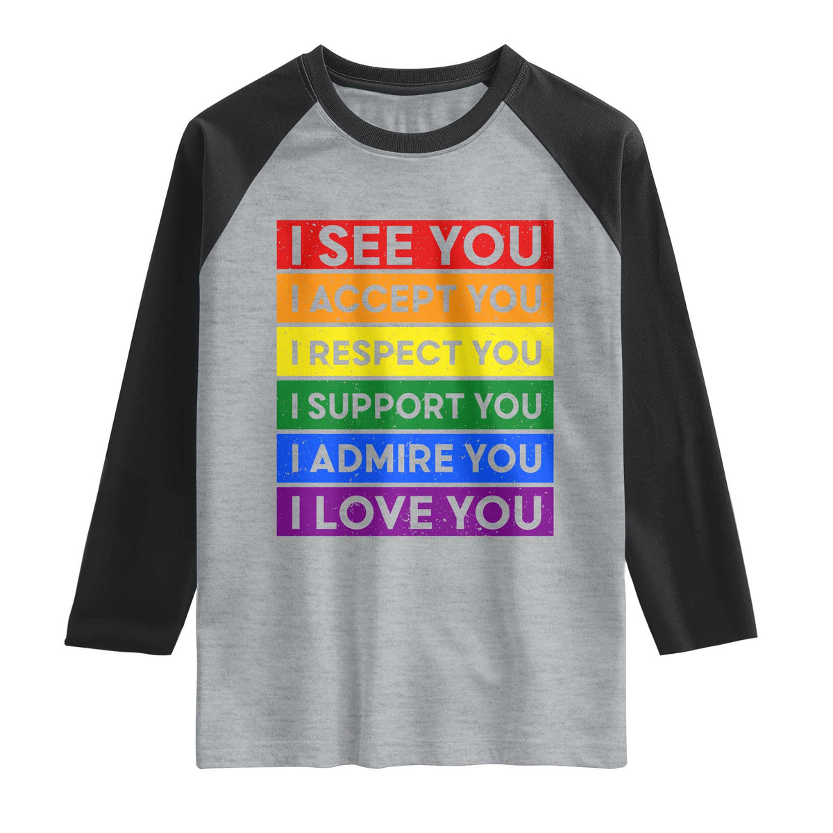 I See Accept Respect Support Admire Love You Raglan Shirt LGBT Ally Pride Graphic TS12 Heather Gray Black Print Your Wear