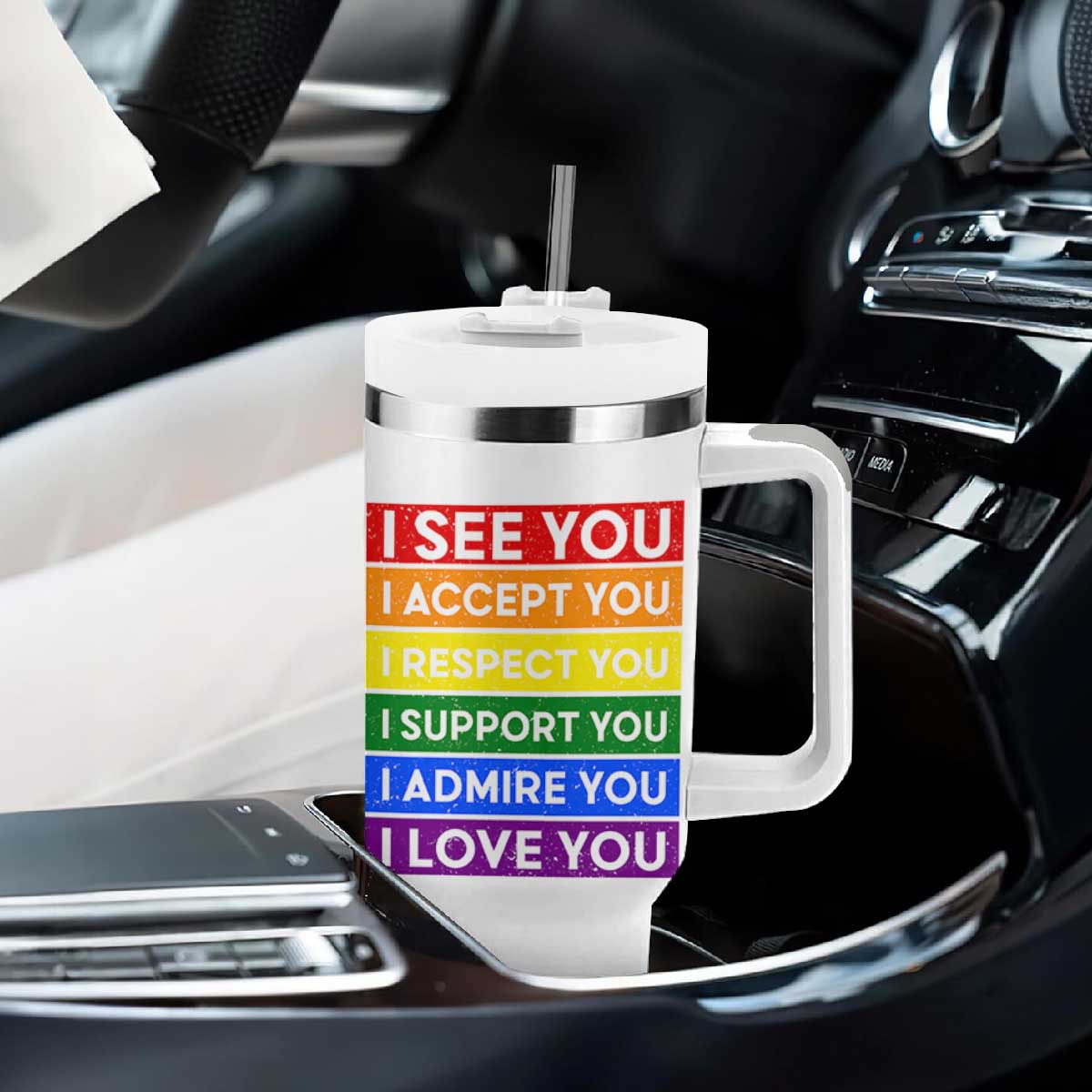 I See Accept Respect Support Admire Love You Tumbler With Handle LGBT Ally Pride Graphic