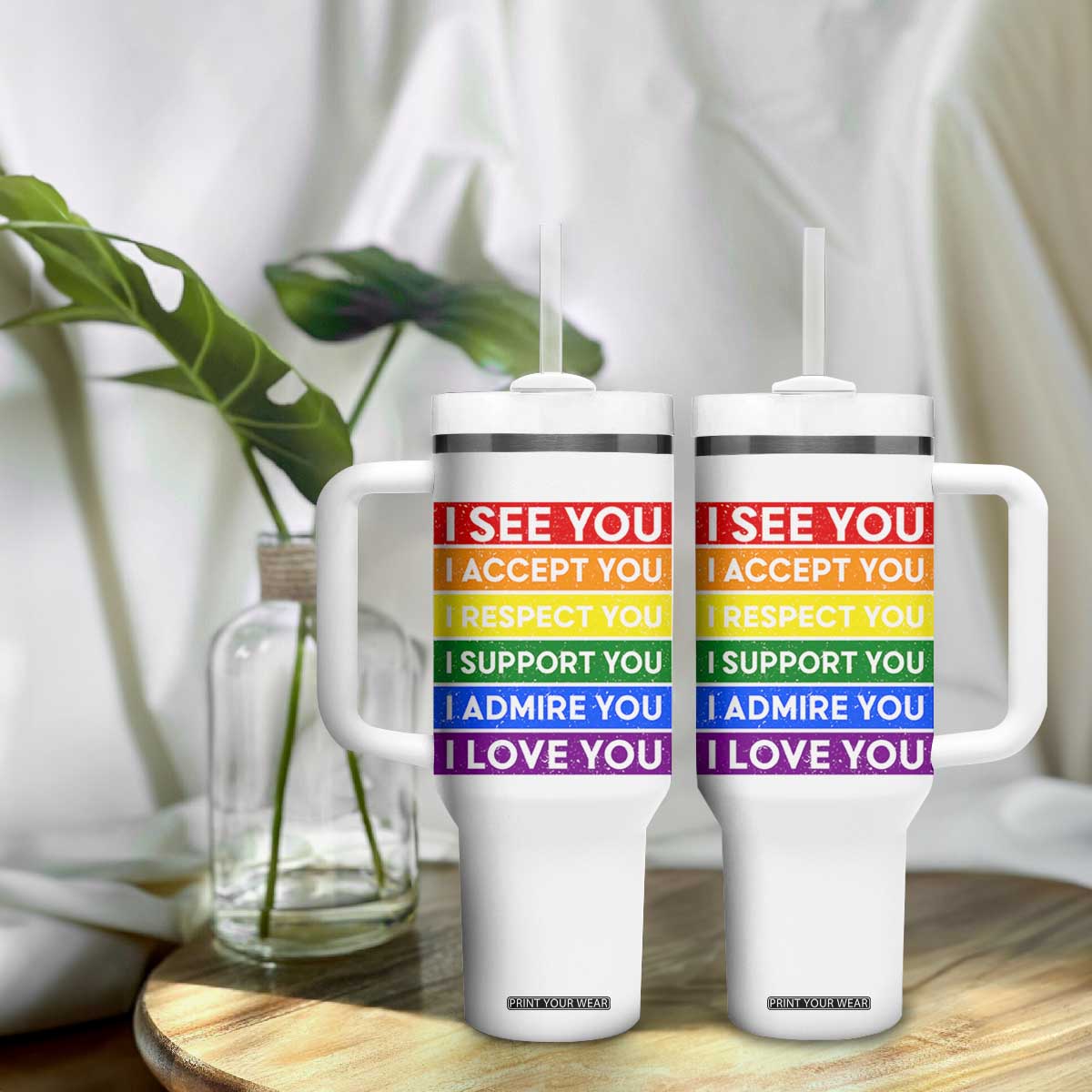 I See Accept Respect Support Admire Love You Tumbler With Handle LGBT Ally Pride Graphic