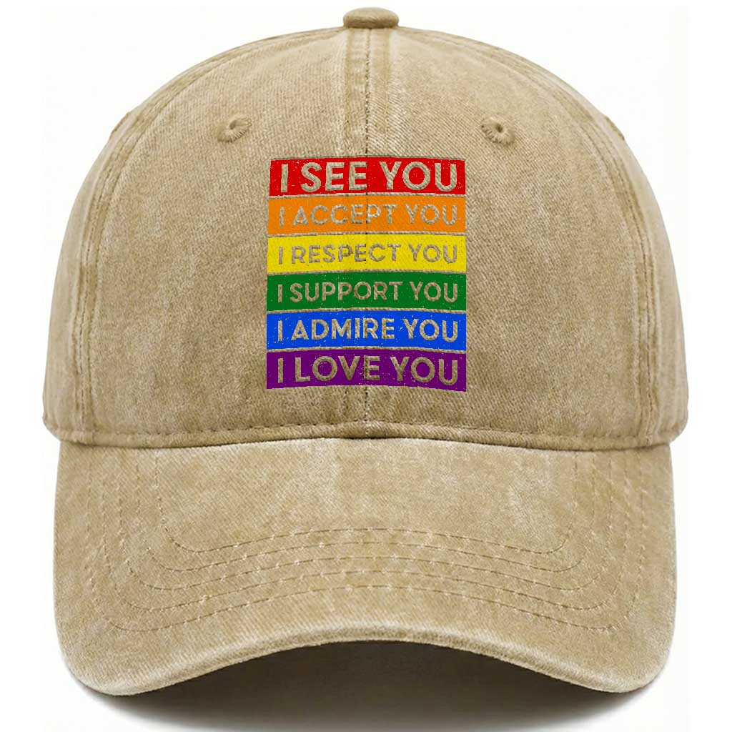 I See Accept Respect Support Admire Love You Washed Cotton Baseball Cap LGBT Ally Pride Graphic