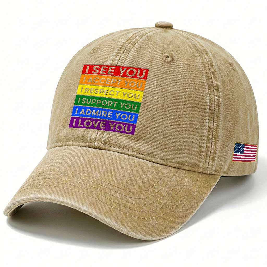 I See Accept Respect Support Admire Love You Washed Cotton Baseball Cap LGBT Ally Pride Graphic