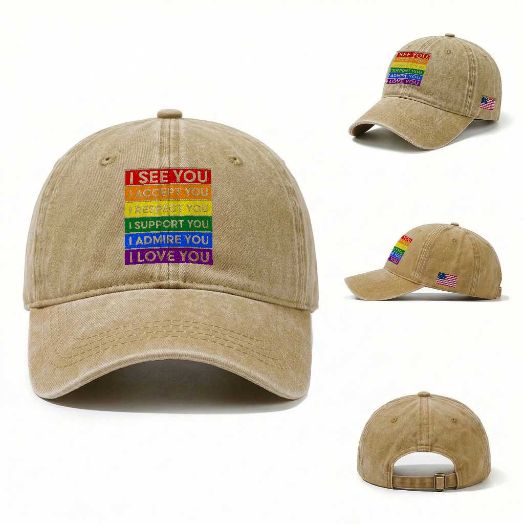 I See Accept Respect Support Admire Love You Washed Cotton Baseball Cap LGBT Ally Pride Graphic