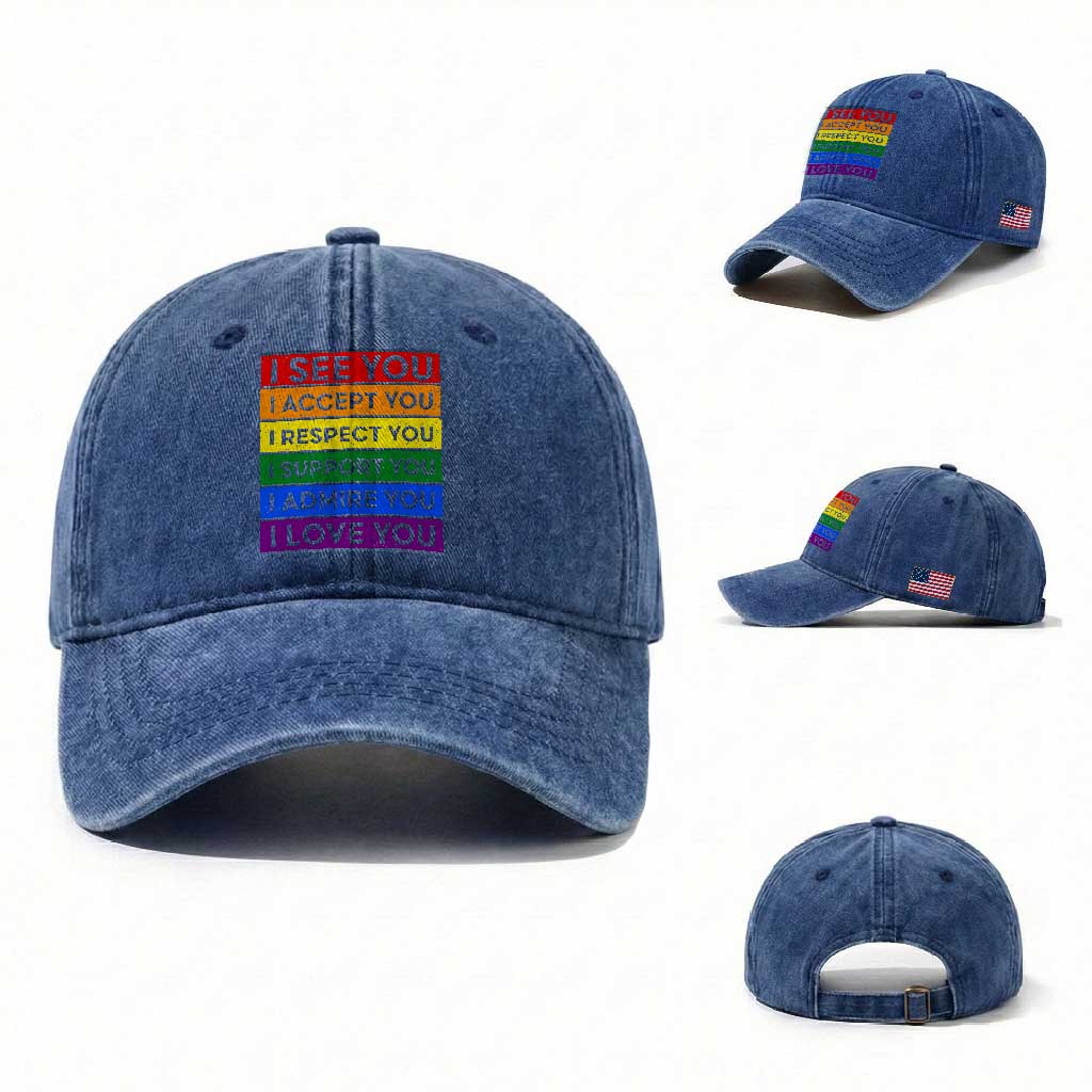 I See Accept Respect Support Admire Love You Washed Cotton Baseball Cap LGBT Ally Pride Graphic