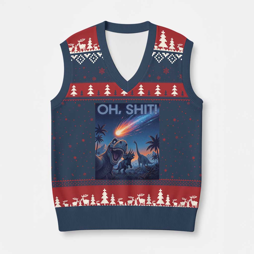 Funny Dinosaur Meteorite V-Neck Knit Sweater Vest Astronomy Lover Gift