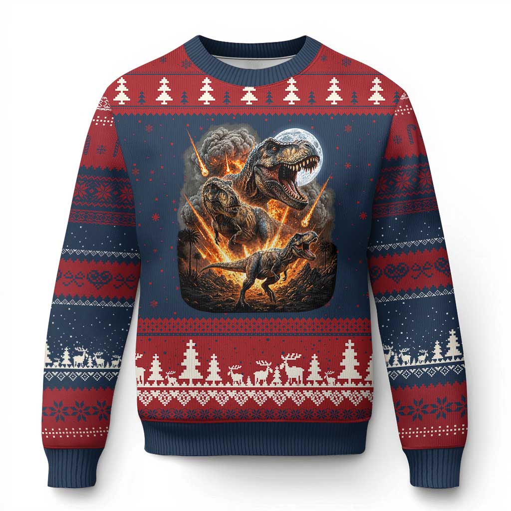 Funny Dinosaur Meteorite Strike Ugly Christmas Sweater Epic Paleontology Gift TS12 Navy Red Print Your Wear