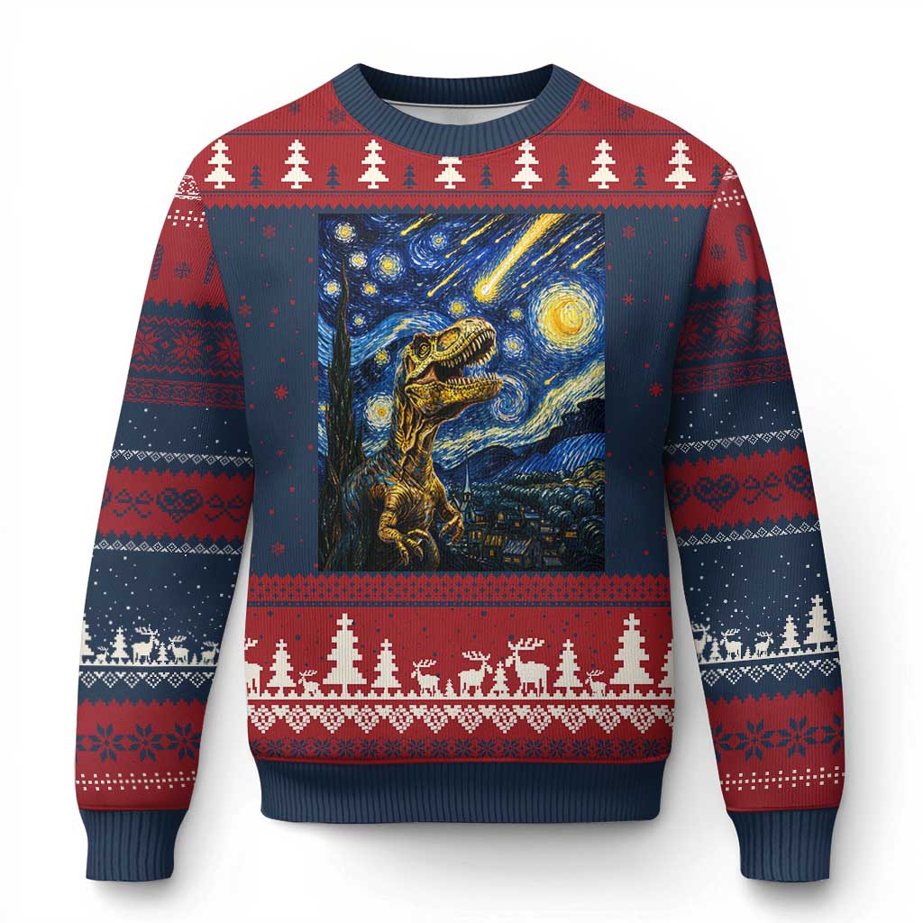 Dinosaur Starry Night Meteor Shower Ugly Christmas Sweater Astronomy Lover Gift TS12 Navy Red Print Your Wear