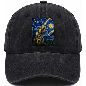 Dinosaur Starry Night Meteor Shower Washed Cotton Baseball Cap Astronomy Lover Gift